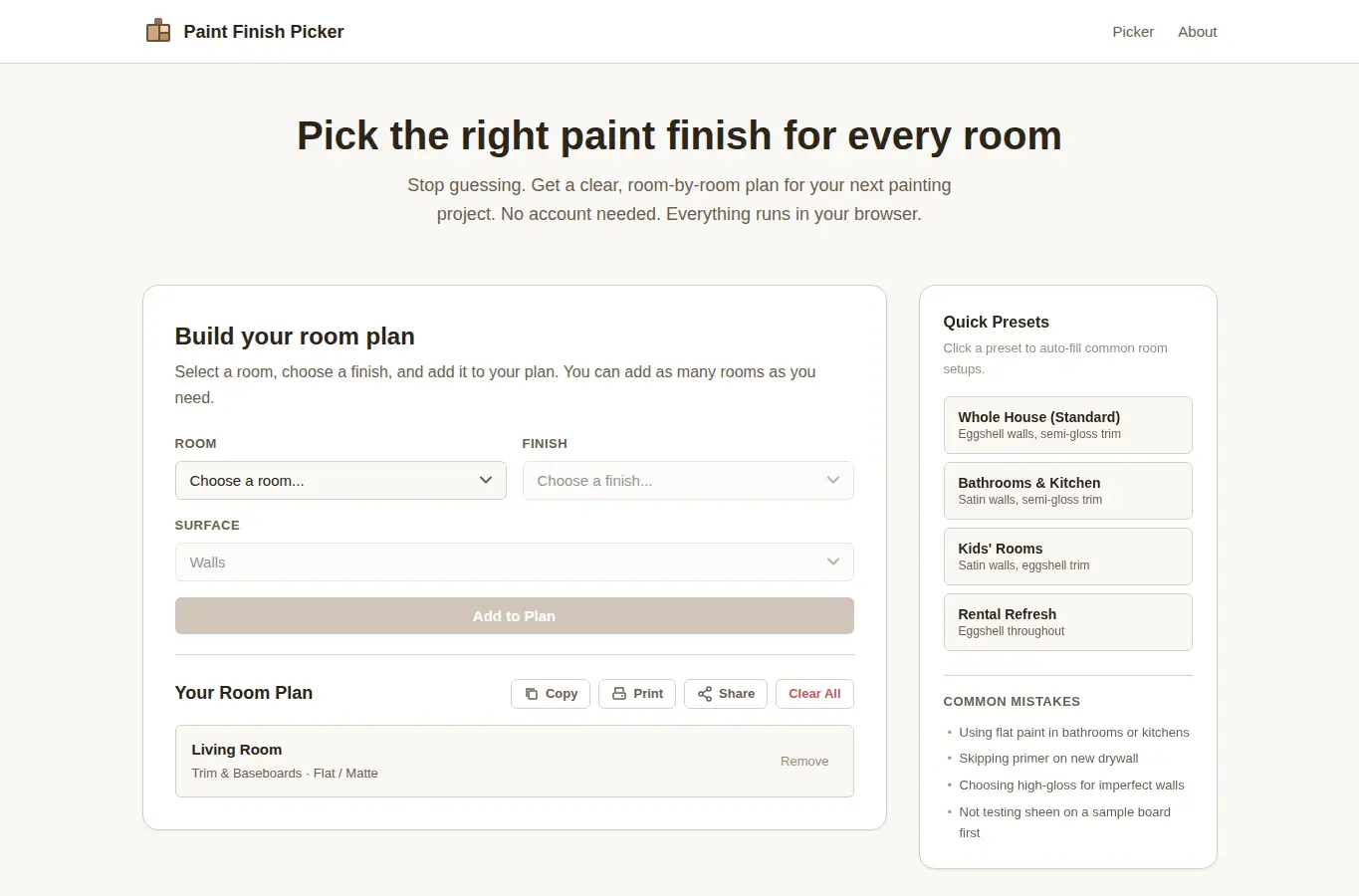 Screenshot of Room Paint Finish Picker interface showing the project page in use